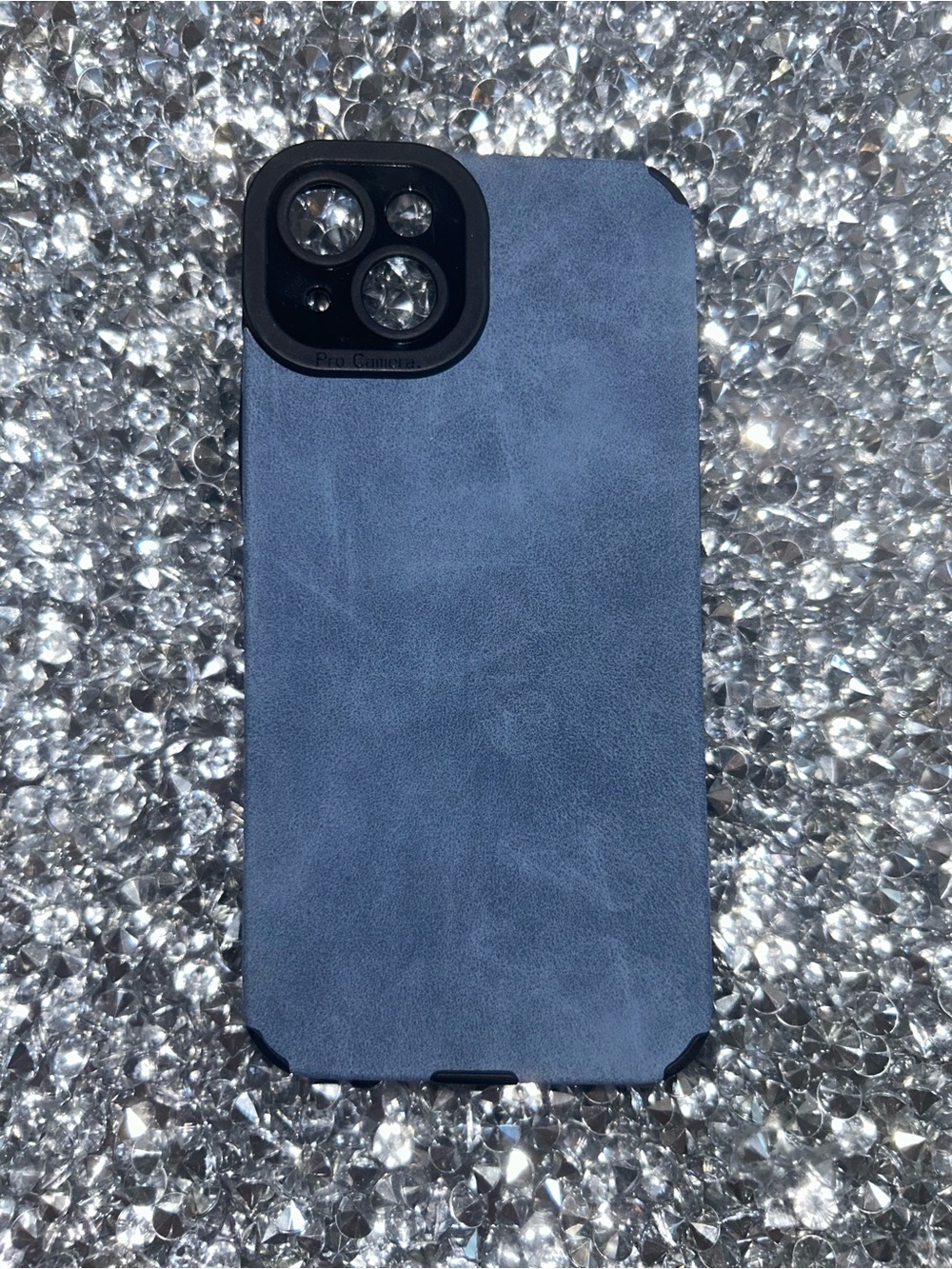 iPhone 15 plus Leather-Texture Blue Phone Case with Camera Protection